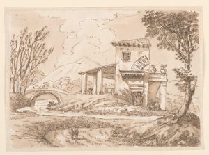 素描，带别墅的风景，1750-60 年 作者 卡洛·马尔基奥尼