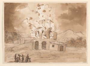素描，带燃烧塔的风景，约 1780 年