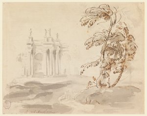 素描，风景中的树与建筑，1756-78 年 作者 卡洛·马尔基奥尼