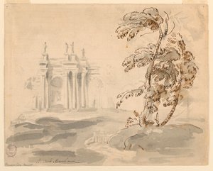 素描，风景中的树与建筑，1756-78 年 作者 卡洛·马尔基奥尼