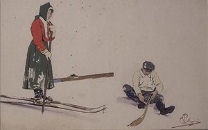 固定他的滑雪板（彩色印刷）。 作者 卡罗佩莱格里尼