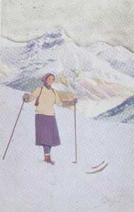 瑞士恩格尔贝格山坡上的滑雪者（彩色平版）。 作者 卡罗佩莱格里尼