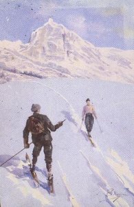 瑞士玫瑰山的滑雪者（彩色平版印刷）。