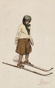 女子滑雪（彩色平版印刷）。 作者 卡罗佩莱格里尼