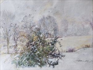 我们窗外的冬天，2009年（粉彩和纸上的wc） 作者 卡罗琳·赫维·巴瑟斯特