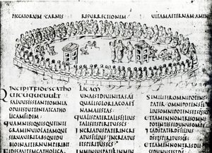 来自乌得勒支Psalter的诗篇之一的场景插图，现在在乌得勒支大学图书馆（笔和墨水）的兰斯原创复制品
