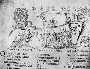 来自乌得勒支Psalter的诗篇之一的各种场景的插图，现在在乌得勒支大学图书馆（钢笔和墨水）的兰斯原版的复制品