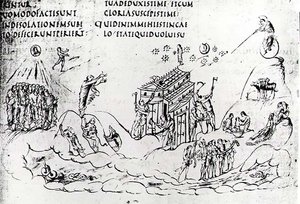 各种场景说明诗篇之一，来自Utrecht Psalter，现在在乌得勒支大学图书馆（笔墨）的兰斯原版