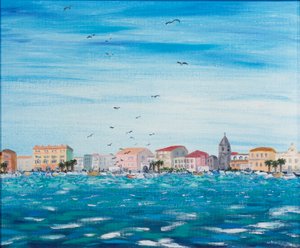 海景与房屋，1995年（丙烯酸船上） 作者 卡罗琳·哈伯德·福特