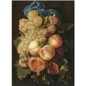 李子、葡萄、桃子和系着蓝丝带的石榴静物画 作者 卡斯蒂安·卢克斯（Carstian Luyckx）