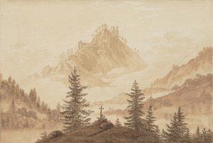 与雾在山谷，ca 1805年的山地景观。 作者 卡斯珀·大卫·弗里德里希（Caspar David Friedrich）