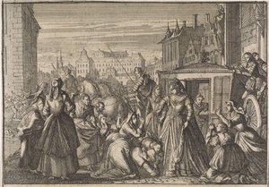 1645 年，巴黎妇女跪在安娜王后面前，乞求她降低税收 作者 Caspar Luyken（归因于）