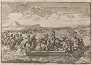 1689 年，被萨瓦驱逐的瓦尔登派教徒乘坐驳船穿越日内瓦湖返回祖国 作者 卡斯珀·路肯（Caspar Luyken）