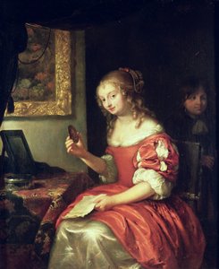 有信件和小盒的少妇，1667年