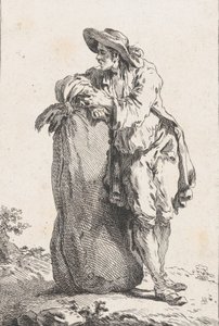 倚在一袋谷物上的农民，1758年。 作者 凯瑟琳·弗朗索瓦·博瓦莱