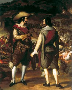 攻占波多黎各（Puerto Rico）的圣胡安（1625）。细节。在前景中，胡安-德-哈罗先生与他的助手交谈。在他身后是由西班牙人守卫的堡垒，他们迫使荷兰人离开。欧亨尼奥-卡克斯（Eugenio Caxes或Cajes）（1577-1634）的画作。 作者 Caxesi或Caxete Eugenio Caxes