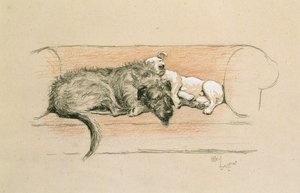 猎狼犬和斗牛梗睡在沙发上（纸上粉彩） 作者 塞西尔·查尔斯·温莎·奥尔丁