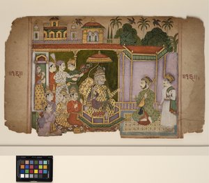 一位国王和朝臣在听音乐家的演奏，约 1750 年（纸上不透明水彩和金色） 作者 中印第安学校