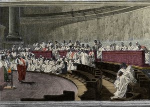 Ciceron denounces the conspirator Catilina (Lucius Sergius Catilina) (108-62 BC) on 8 November 63 BC, The scene deroule in Rome in the Senate, engraved after the fresco made between 1882 and 1888 by Cesare Maccari (1840-1919). Rome Palazzo Madama. 作者 切萨雷（后）马卡里