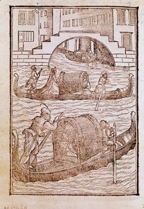 15 世纪威尼斯泻湖中的贡多拉 雕刻自 Cesare Vecellio (1521-1601) 1590 年威尼斯 Biblioteca Marciana 的“古代和现代服装” 作者 切萨雷（后）维切利奥
