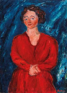 红衣女子与蓝色背景，约1928年。 作者 Chaim Soutine