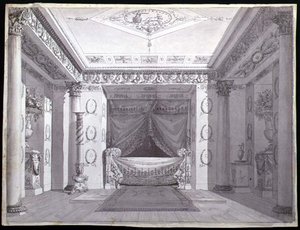 帝国卧室的设计，约1810年（纸上笔墨和水彩） 作者 Charles (attr. To) Percier