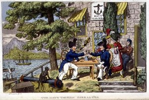 海军酒馆，直布罗陀，板块来自约翰-米特福德（1782-1831）的《约翰尼-纽康在海军中的冒险》1818年（平版）。