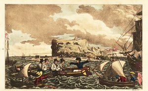 Midshipman Newcome被划艇转移到直布罗陀附近的HMS Vanguard 作者 查尔斯（c.1797-1850）（之后）威廉姆斯