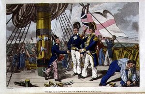 战斗前的四分之一甲板，板块来自约翰-米特福德（1782-1831）的《约翰尼-纽康在海军中的冒险》，1818年（平版）。
