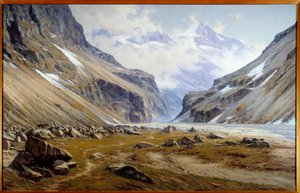 La vallee du Veneon in Saint Christophe en Oisans in the Alps by Charles Bertier (1860-1924) 1894 Dim. 2x3.2 m Grenoble, musee des Beaux Arts - 位于阿尔卑斯山 Saint Christophe en Oisans 的 Veneon 谷。 查尔斯·伯蒂埃 (Charles Bertier) 的绘画 (1860-1924) 作者 查尔斯·亚历山大·伯蒂埃
