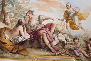 仙女中的戴安娜》（Il riposo di Diana tra le Ninfe），查尔斯-安德烈-凡-卢（1705-1765 年）创作，壁画，王后寓所卧室拱顶，意大利皮埃蒙特斯图皮尼吉 作者 查尔斯·安德烈·范·卢