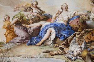 仙女中的戴安娜的余韵》（Il riposo di Diana tra le Ninfe），查尔斯-安德烈-凡-卢（1705-1765 年）创作，壁画，王后寓所卧室拱顶，狩猎官邸，菲利波-尤瓦拉（1678-1736 年）创作，意大利皮埃蒙特斯图皮尼吉 作者 查尔斯·安德烈·范·卢