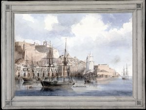 马耳他景观（瓦莱塔大港和圣安杰洛堡） - Charles Andrew Dyce（1816-1853）绘画，纸本水彩（25.1x34.9 厘米），约 1849 年 - 耶鲁大学（美国） 作者 Charles Andrew Dyce