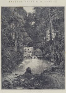 英国家园，Bowood，瀑布在公园，在湖的尽头 作者 查尔斯·奥古斯特·洛伊