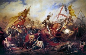 宗教战争（1562-1598）：“14/03/1590 的法国国王亨利四世（1553-1610）在伊夫里战役中”“皇家军队战胜了天主教联盟的军队。 Charles de Steuben (1788-1856) 19 世纪太阳画作的细节。 4,2x8,1 m - 佤