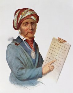 Sequo-yah或George Guess，1828年，来自&39;北美印第安部落，Vol.1&39;的插图，由Thomas L. McKenney和James Hall，pub。约翰格兰特