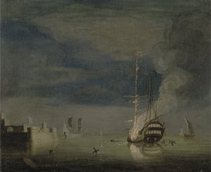 炮台夜里的两辆甲板着火了，约1740年（布面油画） 作者 查尔斯·布鲁金