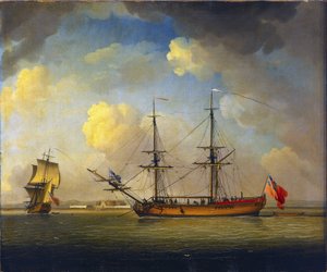 英国泰晤士河畔蒂尔伯里堡地平线上的一艘 "Naval Snow "号轮船，这是一艘英国轮船，有两根桅杆，用于为英国皇家海军运输补给。 作者 查尔斯·布鲁金