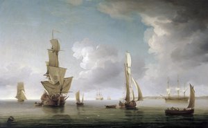 泰晤士河口（英格兰）的航运、种类繁多的船只以及英国海岸的描述。布面油画 作者 查尔斯·布鲁金