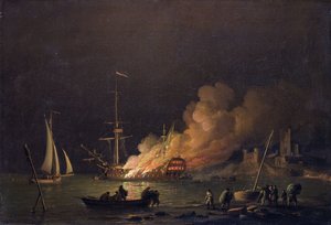 夜船着火，约1756年（布面油画） 作者 查尔斯·布鲁金