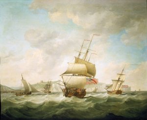 多佛海岸（英格兰）外的商船和皇家游艇在风中摇摆。布面油画，约 1750 年，作者查尔斯-布鲁金（1723-1759 年）。 作者 查尔斯·布鲁金
