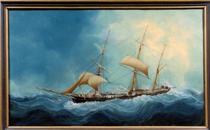 一艘飞行中的三桅帆船 夏尔-谢里-杜布鲁瓦（Cheri-Dubreuil）（1828-1880 年）的画作 1865 年--费康。Terre Neuvas 博物馆 - 一艘逃离的三桅帆船。查尔斯-杜布勒伊的绘画（19 世纪） 作者 查尔斯·谢里·杜布勒伊