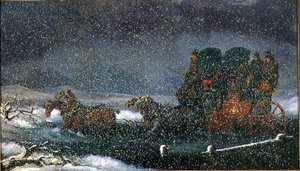 暴风雪中的溪流中的驿马（布面油画）