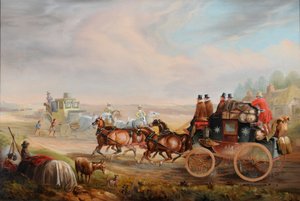 赫尔-伦敦皇家邮政在路上遇到一辆行驶中的战车，约 1835 年（布面油画） 作者 查尔斯·库珀·亨德森