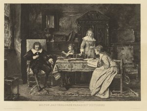 弥尔顿坐在扶手椅上，向他的一个女儿口述他的《失乐园》。1878 年收于蒙卡奇出版社。页边：Ch. Courty d