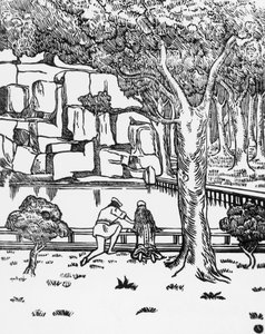 人们在看源头，查尔斯-杜德莱（1861-1938）为莫里斯-梅特林克（1862-1949）的《佩利亚斯和梅里桑德》创作的木刻，由意大利斯波莱托的克劳迪奥-阿根蒂耶里出版。 作者 查尔斯·杜德莱特