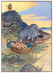 "国王的牧羊人福斯图卢斯偶然路过，看到她用舌头舔他们"（彩色石版画）。