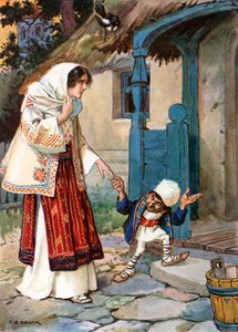 "比特小弟弟带着他可爱的新娘来到他为她建造的房子里"（彩色石版画）