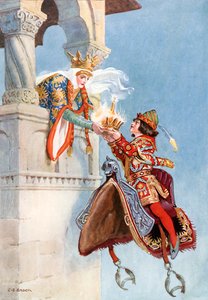 "她看到那顶王冠，恳求他把它送给她"（彩色石版画）