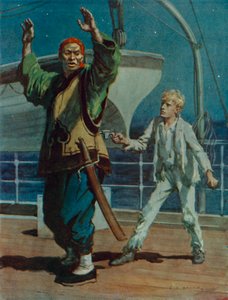 男孩用枪指着一个中国海盗，《海盗海平》中的场景（彩色平印）。 作者 查尔斯·埃德蒙·布洛克